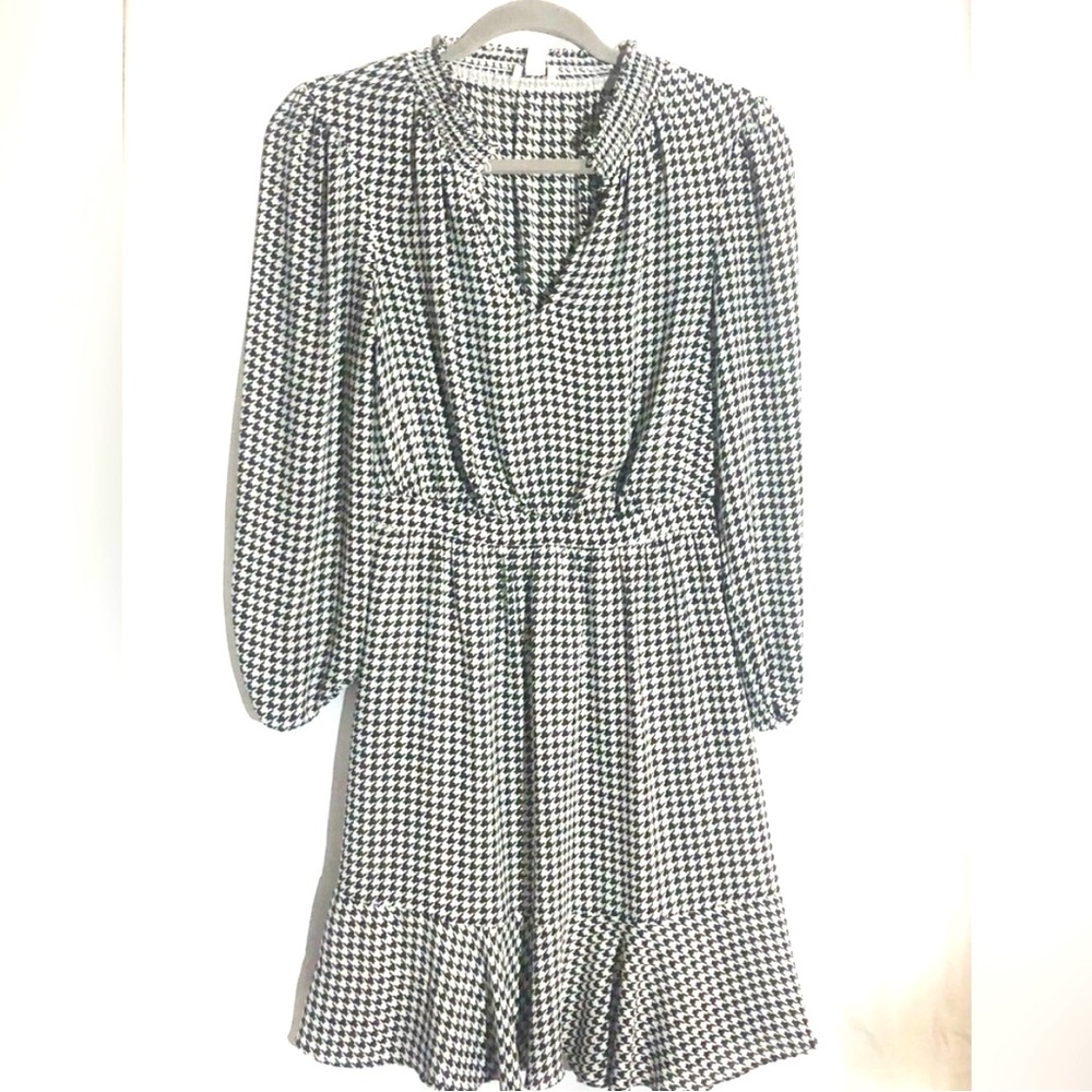 J. Crew Black and White Houndstooth Long Sleeve Dress